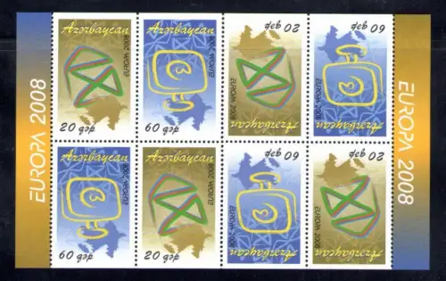 2008 EUROPA CEPT Aserbaidschan, 4 Val paarweise ungezähnt oben und unten, aus Booklet, La Lettera, MNH **