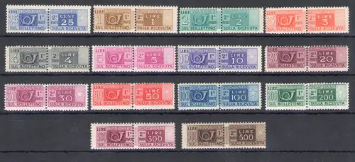 1946-51 Italien - Republik, filigrane Postpakete Rad, 15 Werte, postfrisch** - Mittelmäßige Zentrierung