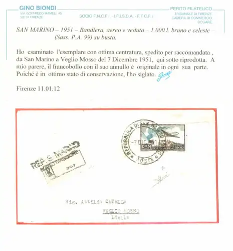 1951 SAN MARINO, Luftpost Nr. 99 -1.000 Lire braun und himmlisch - Flagge und Ansicht auf Umschlag von San Marino Borgo nach Veglio Mosso (Vc) vom 7.12.1951