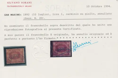 1892-94 San Marino, # 20, 1 Lira karmin auf gelb, gebraucht