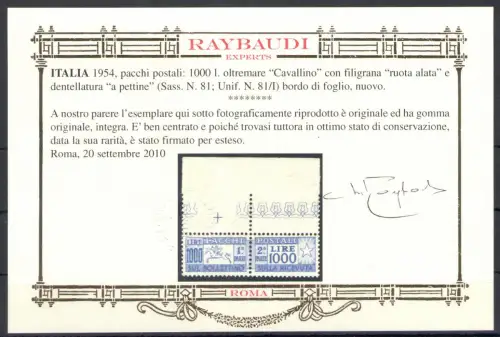 1954 Italien, Postpakete Lire 1000, Pferd Nr. 81, postfrisch **
