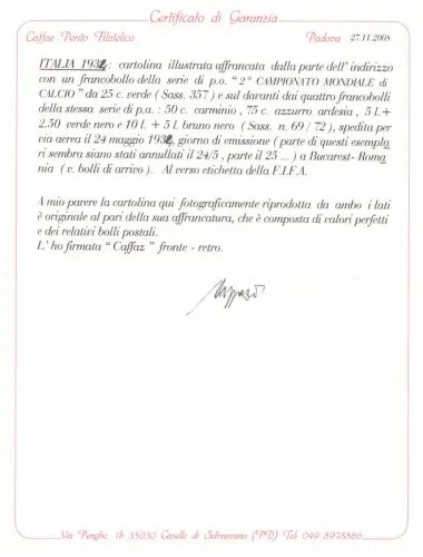 1934 Königreich Italien - FUSSBALL PA 69/72 auf Postkarte Ersttagsstornierung RAR
