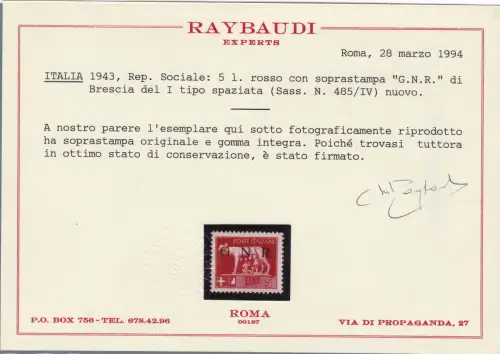 1943 Italienische Sozialrepublik, Nr. 470/A-485/A Drei-Werte-Serie mit VOLLGUMMI Raybaudi GOLD zertifiziert
