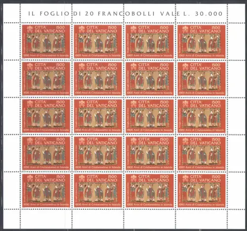 2000 Vatikan, 1 Kleinbogen mit 20 Werten, Island Nr. MF 1193 - POSTFRISCH **