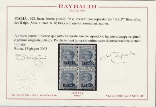 1922-23 Königreich Italien, BLP Nr. 8 25 hellblau QUARTINA MNH / ** Raybaudi