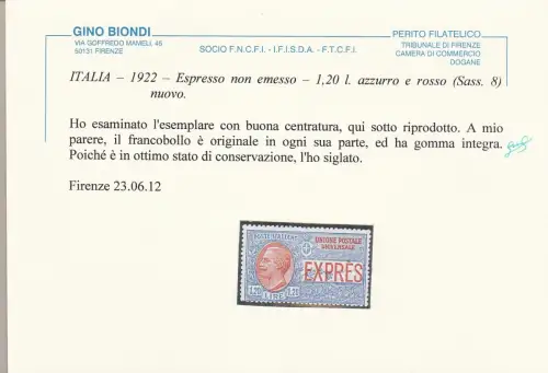1922 ITALIEN - KÖNIGREICH, Lire 1,20 hellblau und rot Espresso Nr. 8 postfrisch **
