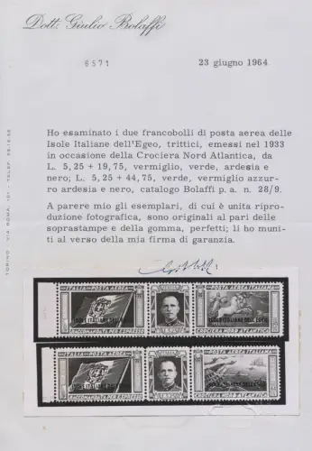 1933 ÄGÄIS, Luftpost - Tripttici Balbo 28/29 MNH ** Signatur Bolaffi + Zertifikat
