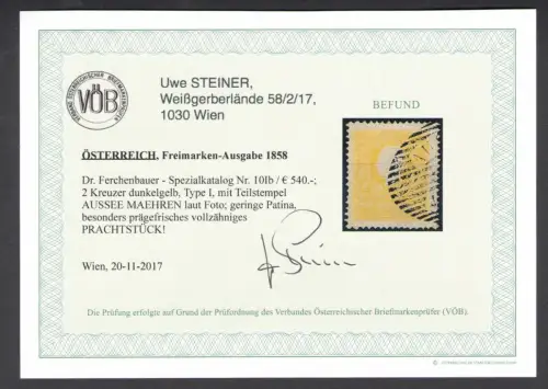 1858 Österreich, Abbild Kaiser Franz Joseph I., Nr. 6 - 2 gelbe Kreuzer gebraucht, Steiner Zertifikat