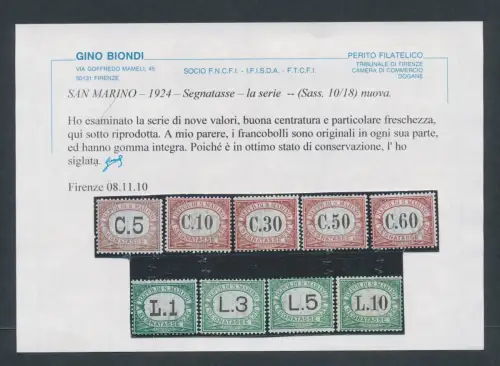 1924 SAN MARINO, Segnatasse, Nr. 10/18 - MNH** - Blond Zertifikat