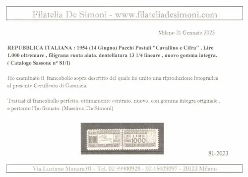 1954 Italien, Republik, Postpakete Lire 1000, Pferd Nr. 81, postfrisch **