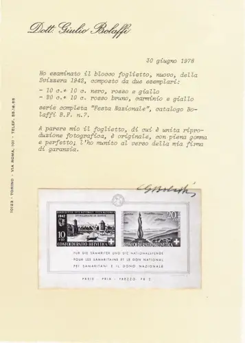 1942 SCHWEIZ, BF Nr. 7 Pro Patria - Bimillennium Stadt Genf - postfrisch ** Bolaffi Zertifikat