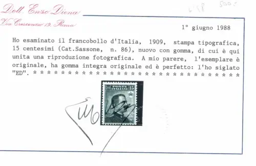 1909 Italien, 15 Cent Typografie Nr. 86, gut zentriert, postfrisch **