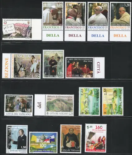 2024 Vatikan, bis Mai ausgegebene Briefmarken 16 Werte + 2 Zettel, postfrisch**