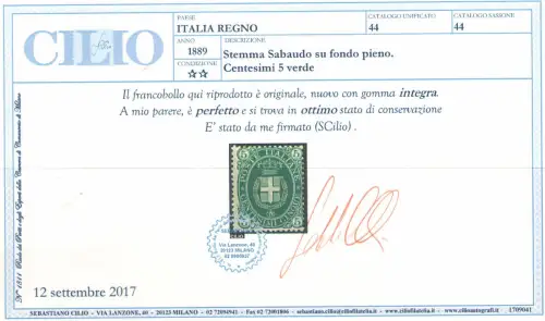 1889 Italien - Königreich, 5 Cent dunkelgrün Nr. 44 - postfrisch **