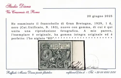 1929 Großbritannien, Hoher Wert # 183, George V, 1 Pfund Schwarz, postfrisch **