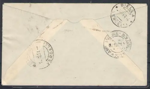 1951 SAN MARINO, Luftpost Nr. 99 -1.000 Lire braun und himmlisch - Flagge und Ansicht auf Umschlag von San Marino Borgo nach Veglio Mosso (Vc) vom 7.12.1951