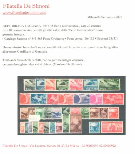 1945 Italien, Republik, kompletter Jahrgang 37 Werte postfrisch**, Zertifikat De Simoni