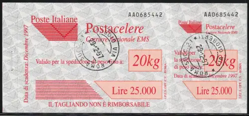 1997 Italia, Nr. 3. Sorte, Postdienst ohne Lochkreuz, gebraucht