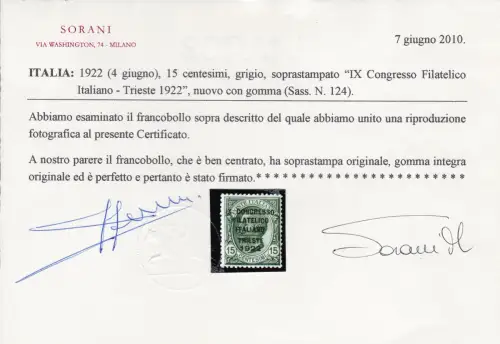 1922 Königreich Italien, Italienischer Philatelistischer Kongress, Nr. 124 15 Cent. grau MNH/** Zertifikat Sorani CENTRATO