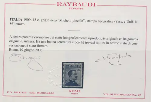 1909 Königreich, Michetti klein 15 Cent, Druck, Zentriert Nr. 86 MNH ** Zertifikat - Raybaudi Expertise