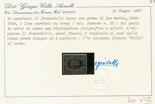 1892-94 SAN MARINO, Sächsischer Katalog #22, 5 Lire karmin auf dunkelgrün, postfrisch**