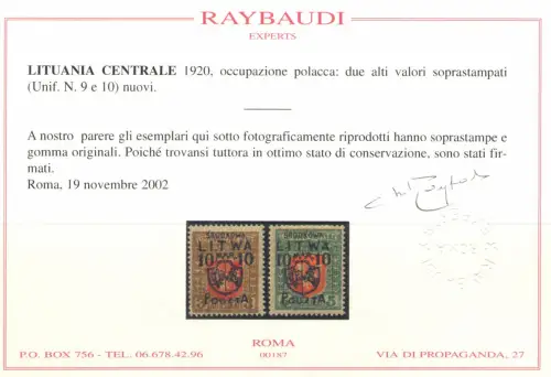 1920 Zentrallitauen, Polnische Besetzung Nr. 1/10, MH* - Raybaudi Zertifikat