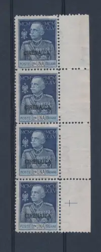 1925-26 Kyrenaika, Jubiläum des Königs, 1 Blaue Lira, Viererstreifen, 3 Wasserzeichenwerte Buchstaben + 1 Wasserzeichenwert liegend, postfrisch**