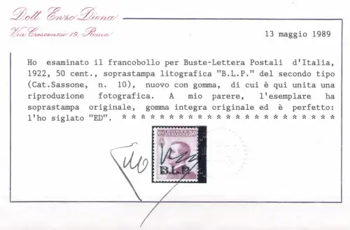 1922-23 Königreich Italien, BLP Nr. 10, 50 Cent. violett, Aufdruck II. TYP, gute Zentrierung, postfrisch** - Zertifikat Enzo Diena