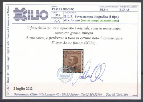 1921 Königreich Italien, BLP Nr. 4A, 40 Cent braun, Aufdruck hellblau schwarz, Zentrierung gut, postfrisch** - Zertifikat Chilio