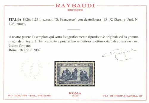 1926 Italien - Königreich, 7 Hundertjahrfeier des heiligen Franziskus, Nr. 196 - Raybaudi-Zertifikat - postfrisch ** Sehr gute Zentrierung