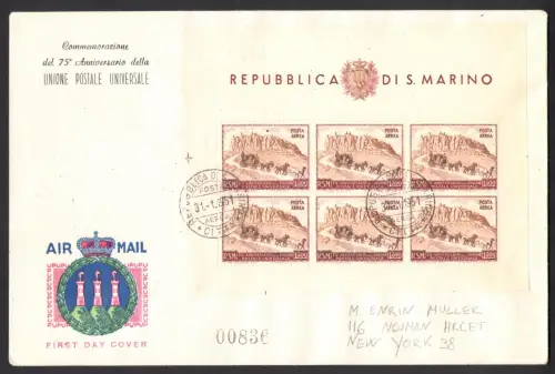 1951 San Marino, Ansichtsblatt Nr. 10, von San Marino nach New York - FDC