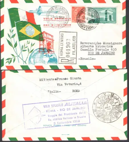 1958 REPUBLIK, Nr. 837 + 10 Lire Syrakus, Italienisch-Brasilianische Freundschaft Sonderflug