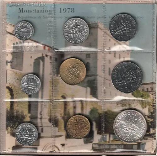 1978 Republik San Marino, Divisionsmünzen, FDC mit 500 Lire in Silber
