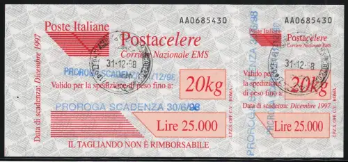 1997 Italien, # 3Ca Sorte, Postdienst ohne Lochkreuz, gebraucht