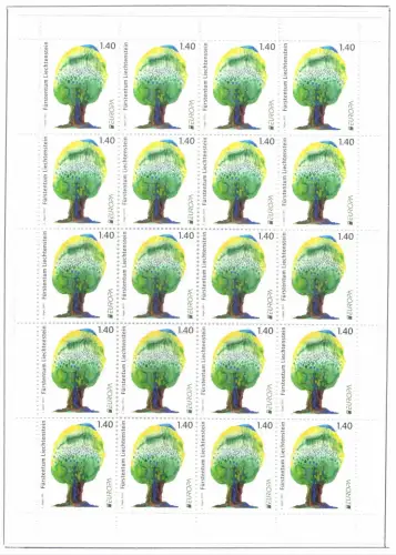 2011 EUROPA CEPT Liechtenstein 1 Kleinbogen mit 20 Werten Die Wälder postfrisch **
