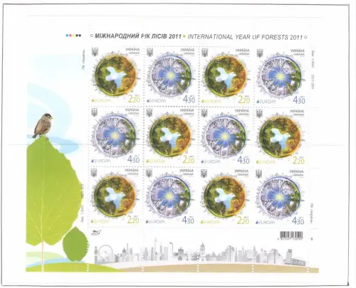 2011 EUROPA CEPT Ukraine 1 Kleinbogen mit 6 Paaren Die Wälder postfrisch **