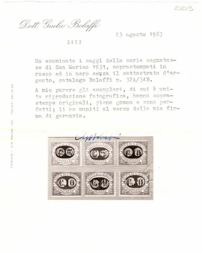 1931 SAN MARINO, Steuermarken - Essaggi - Schwarz-Rot-Aufdruck # 32A/34B MNH **