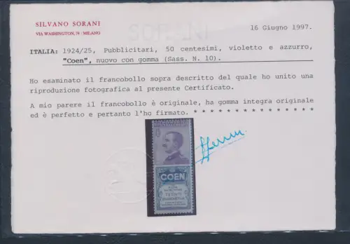 1924 Italien - Königreich, Werbung Nr. 10, 50 Cent COEN violett und hellblau, postfrisch ** Zert. SORANI