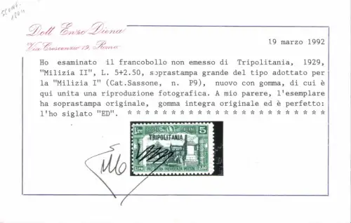 1929 Tripolitanien, Miliz II, 5 Lire + 2 Lire oliv und schwarz, Essay P9, postfrisch **