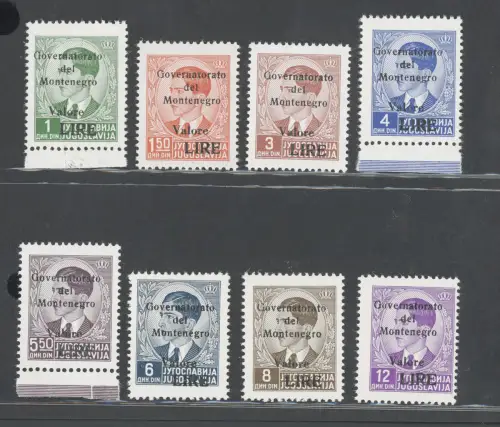 1942 Montenegro, n. 40/47 Serie mit 8 Werten (nicht vollständig) - MNH ** Abkürzung - signiert A.Diena (1,50 rote Dinar)