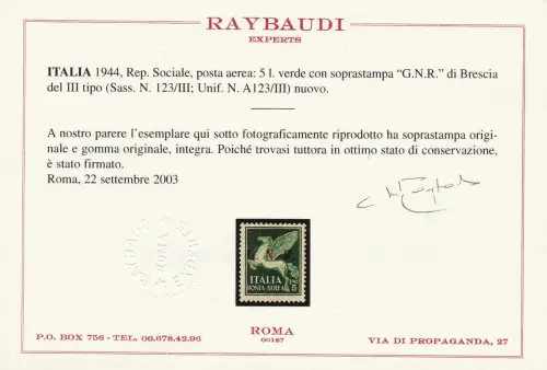 1943 Italienische Sozialrepublik, GNR Luftpost Nr. 123/III Brescia VOLLGUMMI Raybaudi zertifiziert