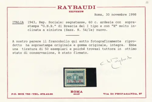1943 Italienische Sozialrepublik, GNR Steuern 54/Ie Brescia I. Typ VOLLGUMMI Zertifikat Raybaudi