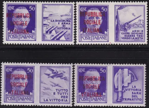 1944 Italienische Sozialrepubblica, PG Nr. 33I/36I 50 Cent. violett MNH / ** ÜBERDRUCK ABZIEHBILD - (4 WERTE)