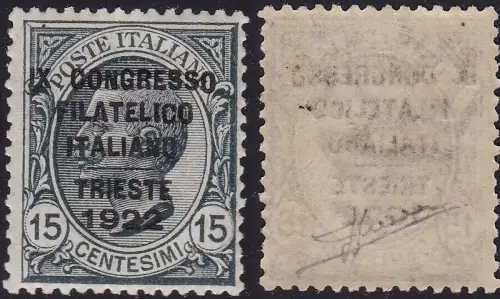 1922 Königreich Italien, Italienischer Philatelistischer Kongress, Nr. 124 15 Cent. grau MNH/** Zertifikat Sorani CENTRATO