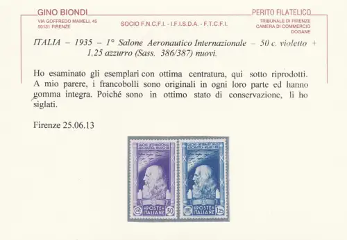 1935 Königreich Italien, Nr. 384/387 die komplette Serie mit 4 Werten - Blond Zertifikat