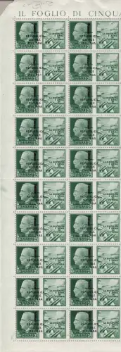 1944 Italienische Sozialrepubblica, PG Nr. 25e 50 Cent. violett BLOCK VON 20 MNH / ** MITTE ÜBERDRUCKT