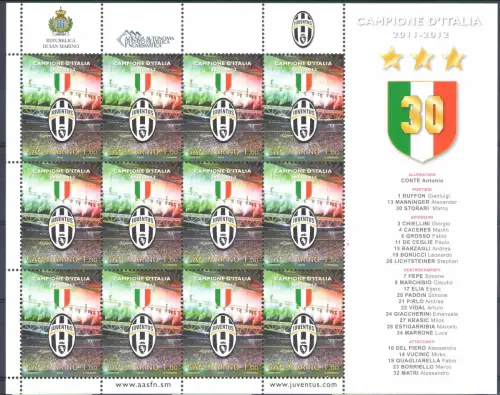 2012 San Marino Juventus Campione d'Italia 2011-2012 Minifoglio 12v MNH **