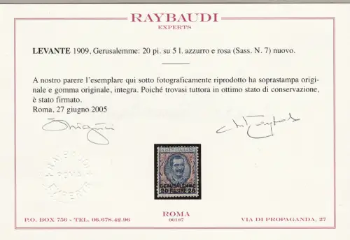 1909-11 JERUSALEM, Nr. 1/5+7 20 Platten auf 5 Lire MNH ** Raybaudi Zertifikat