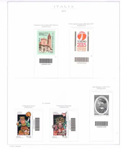 2015 Italienische Republik Barcodes kompletter Jahrgang 78 Werte + 2 Zettel (Expo + Weine) auf 18 Marineblättern