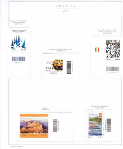 2015 Italienische Republik Barcodes kompletter Jahrgang 78 Werte + 2 Zettel (Expo + Weine) auf 18 Marineblättern